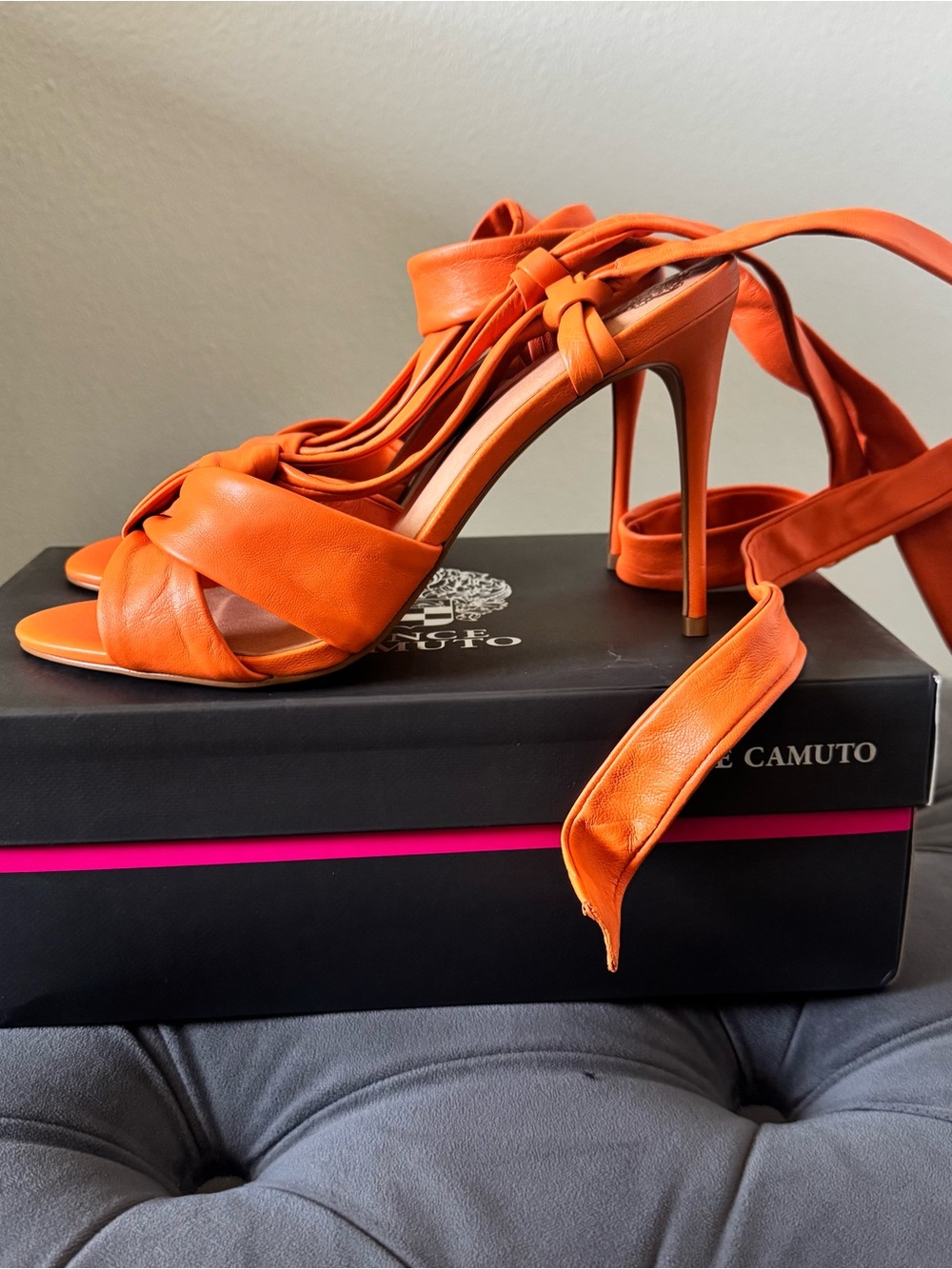 Vince Camuto Orange Semona Heels with Wraparound Ankle Straps - Picture 3 of 7